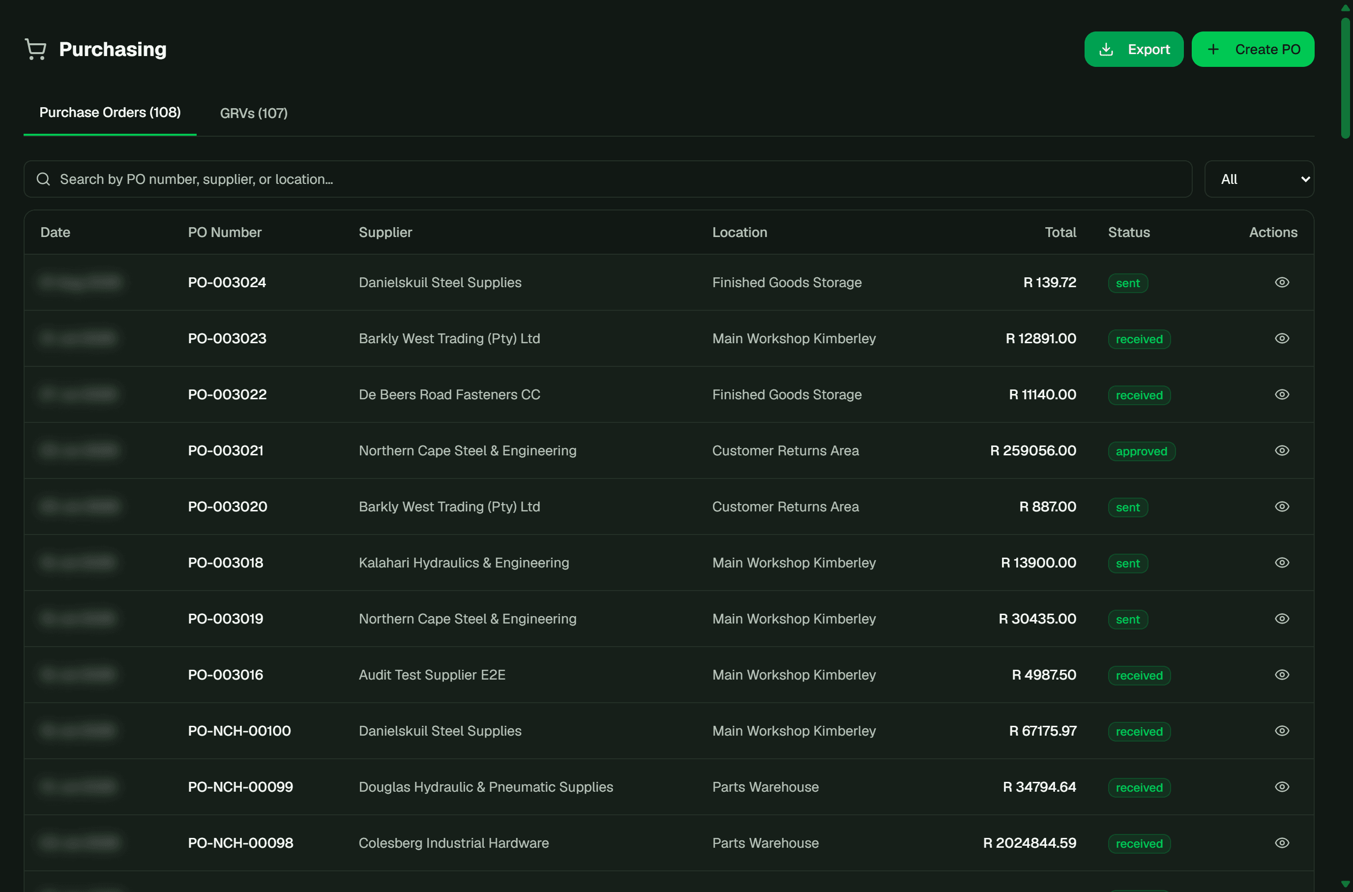 Purchase Orders screen in CoreOps