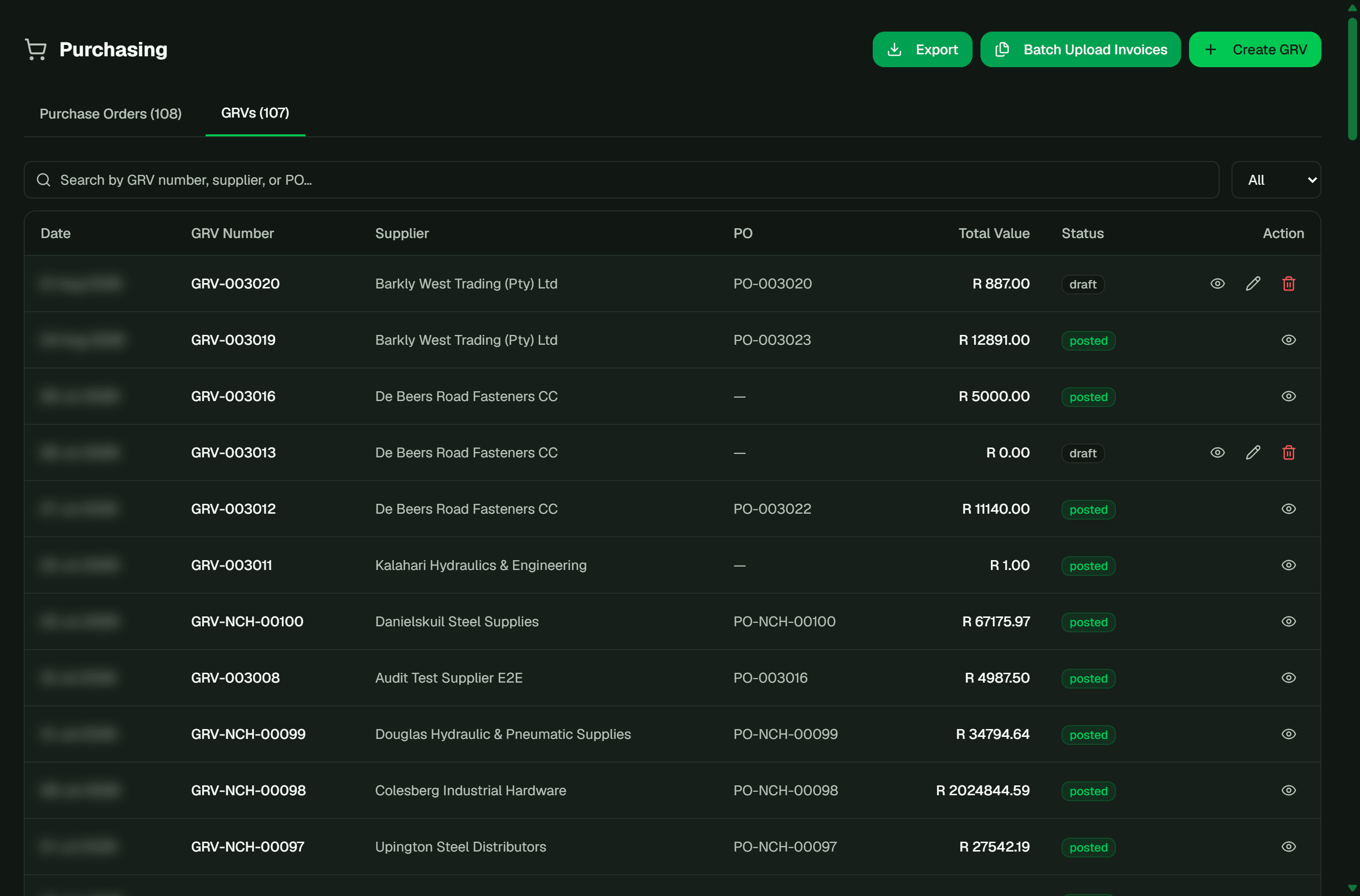 Goods Received (GRV) screen in CoreOps