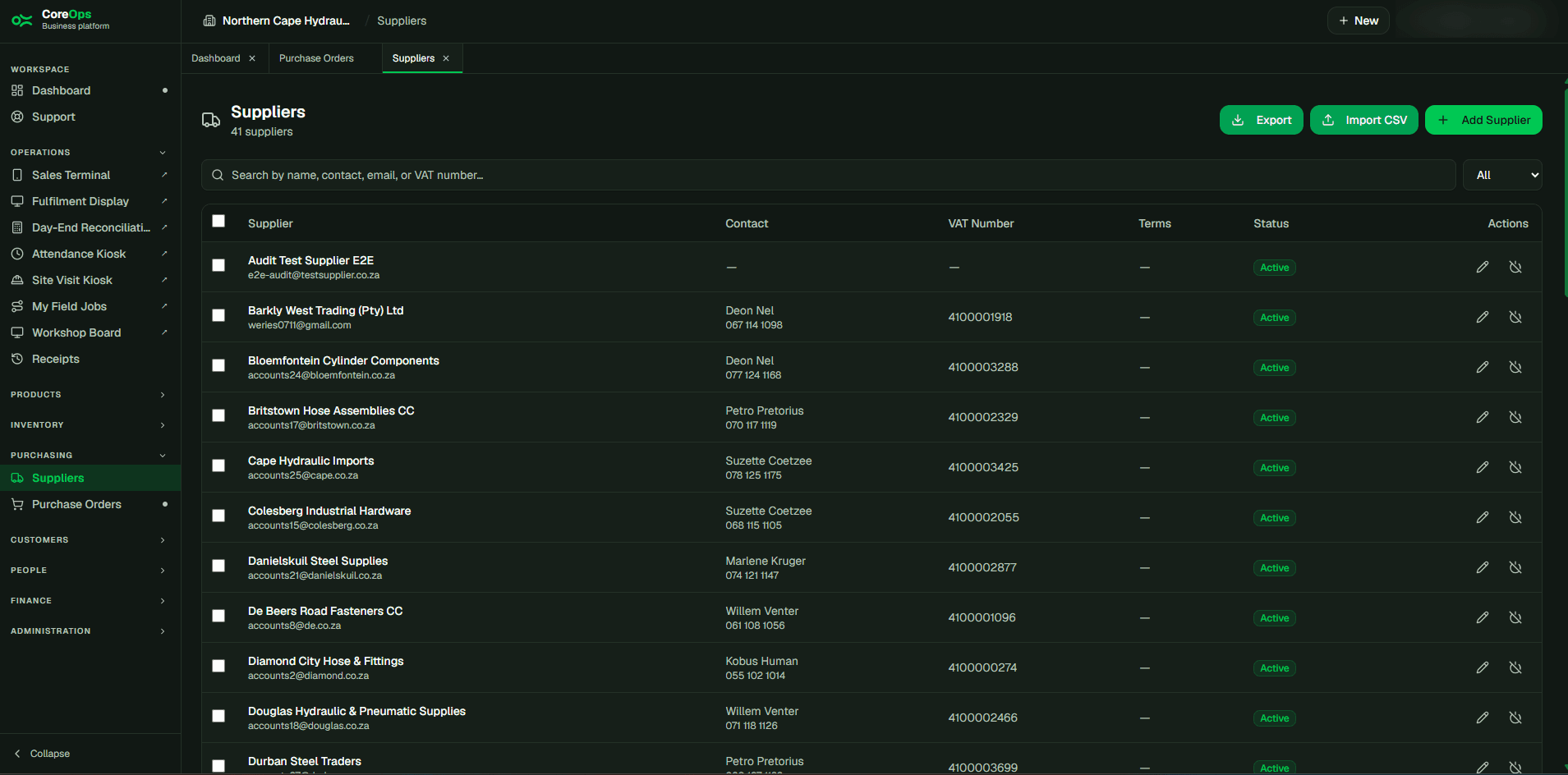 Suppliers screen in CoreOps