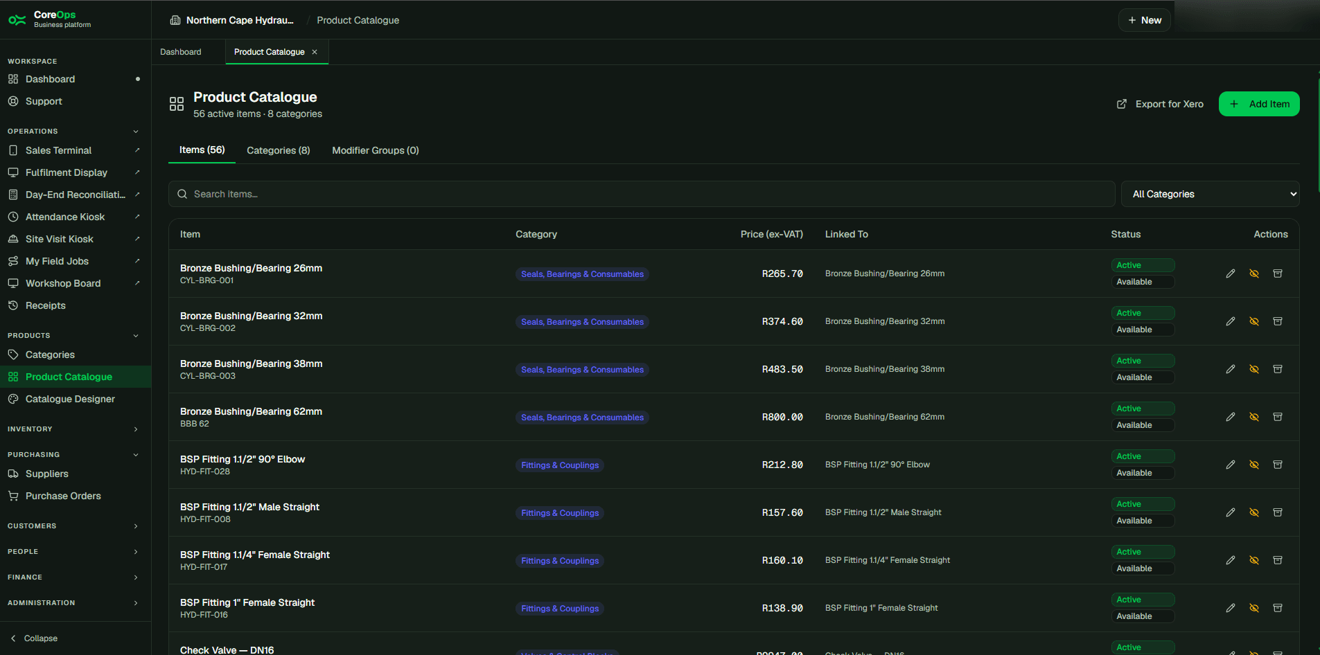 Product Catalogue screen in CoreOps