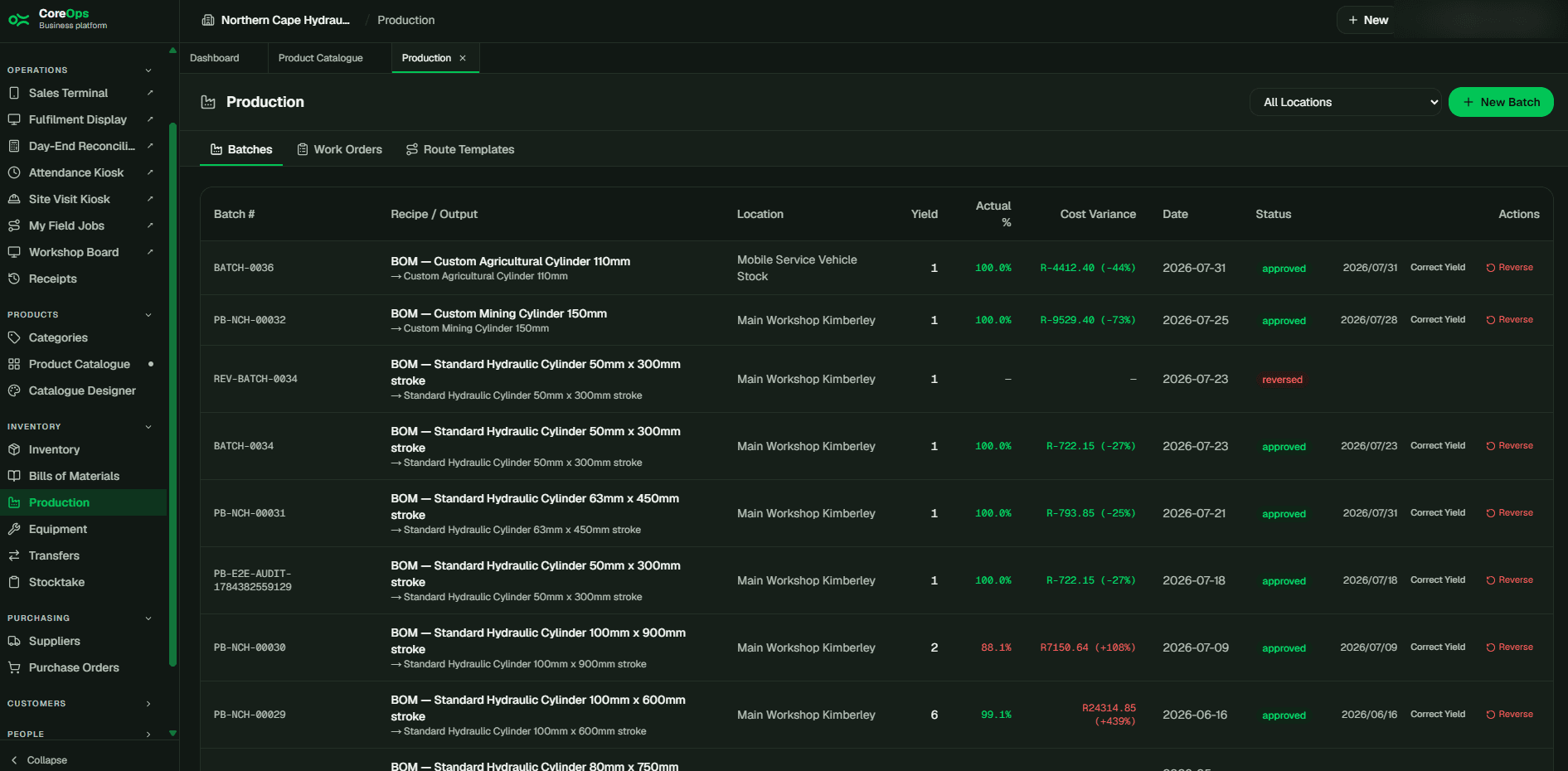 Production Batches screen in CoreOps