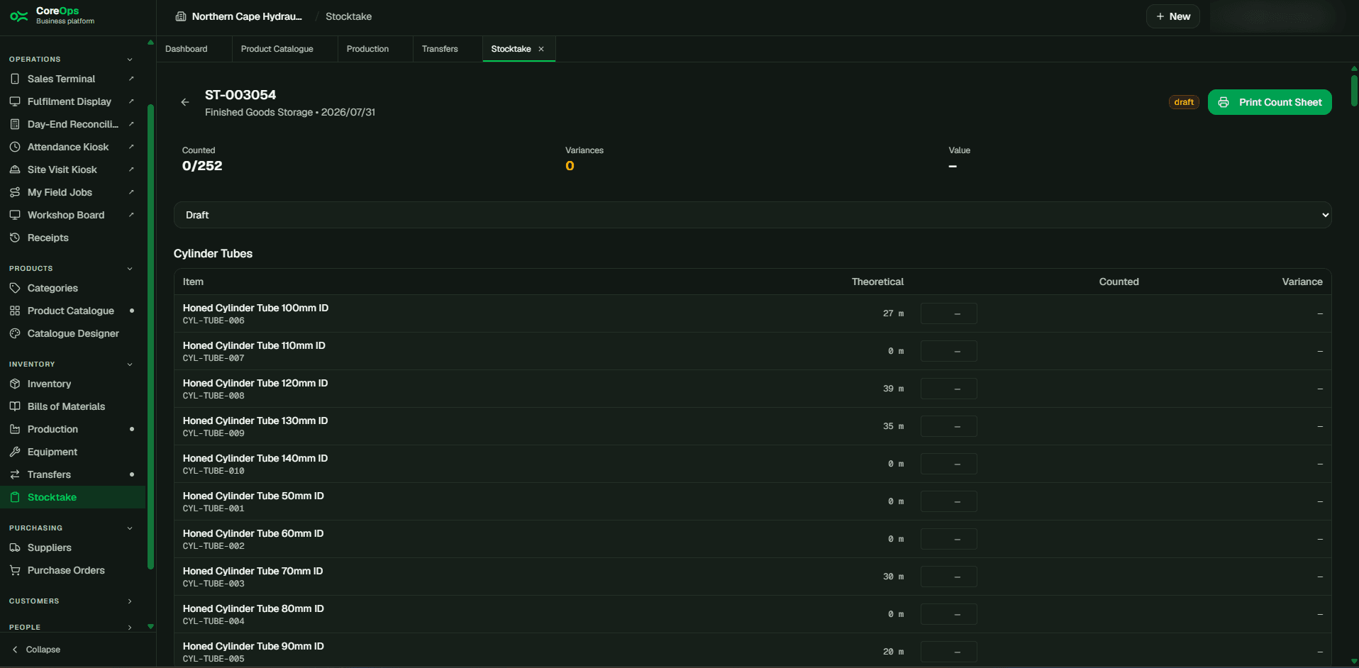 Stocktake screen in CoreOps