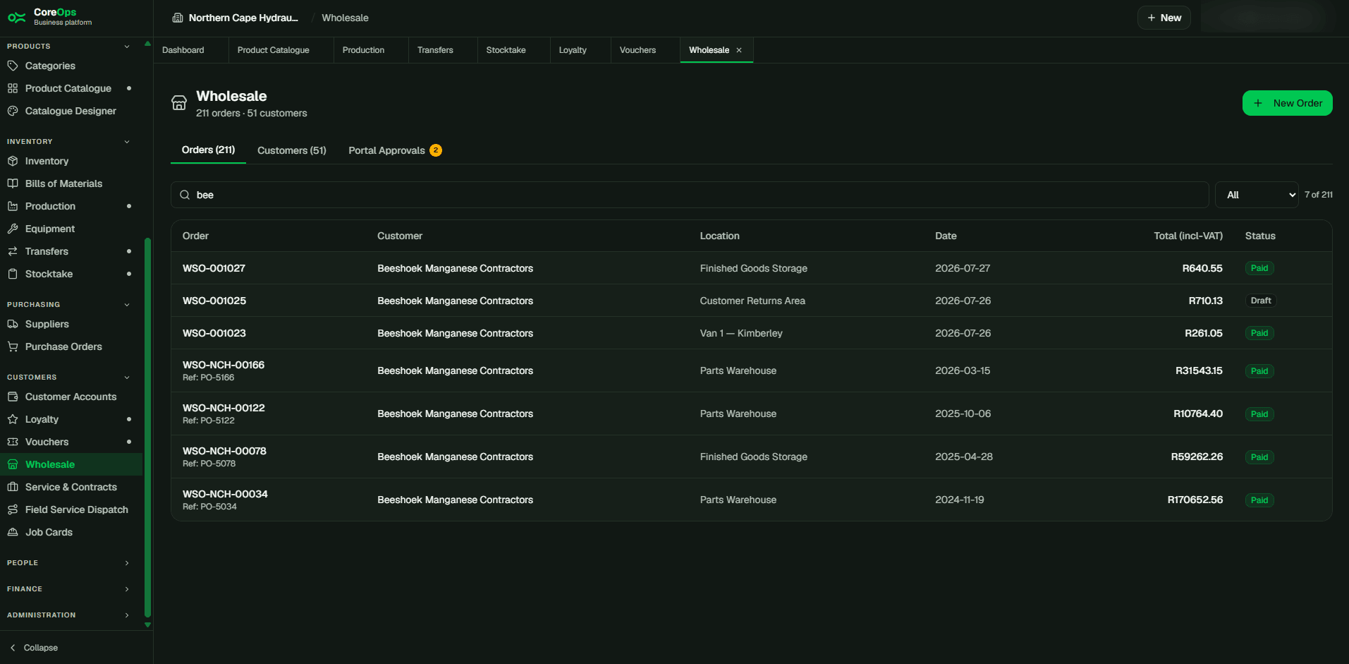 Wholesale Orders screen in CoreOps