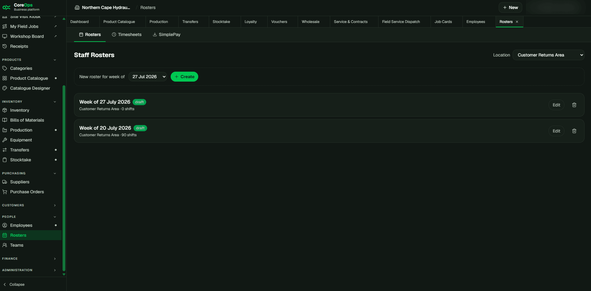 Staff Rosters screen in CoreOps