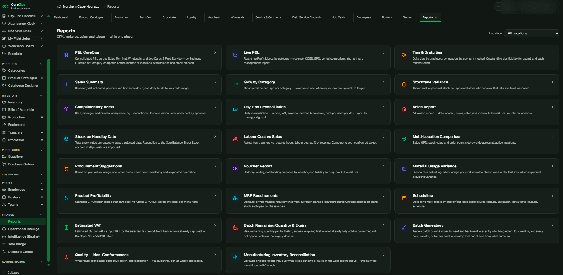Reports screen in CoreOps