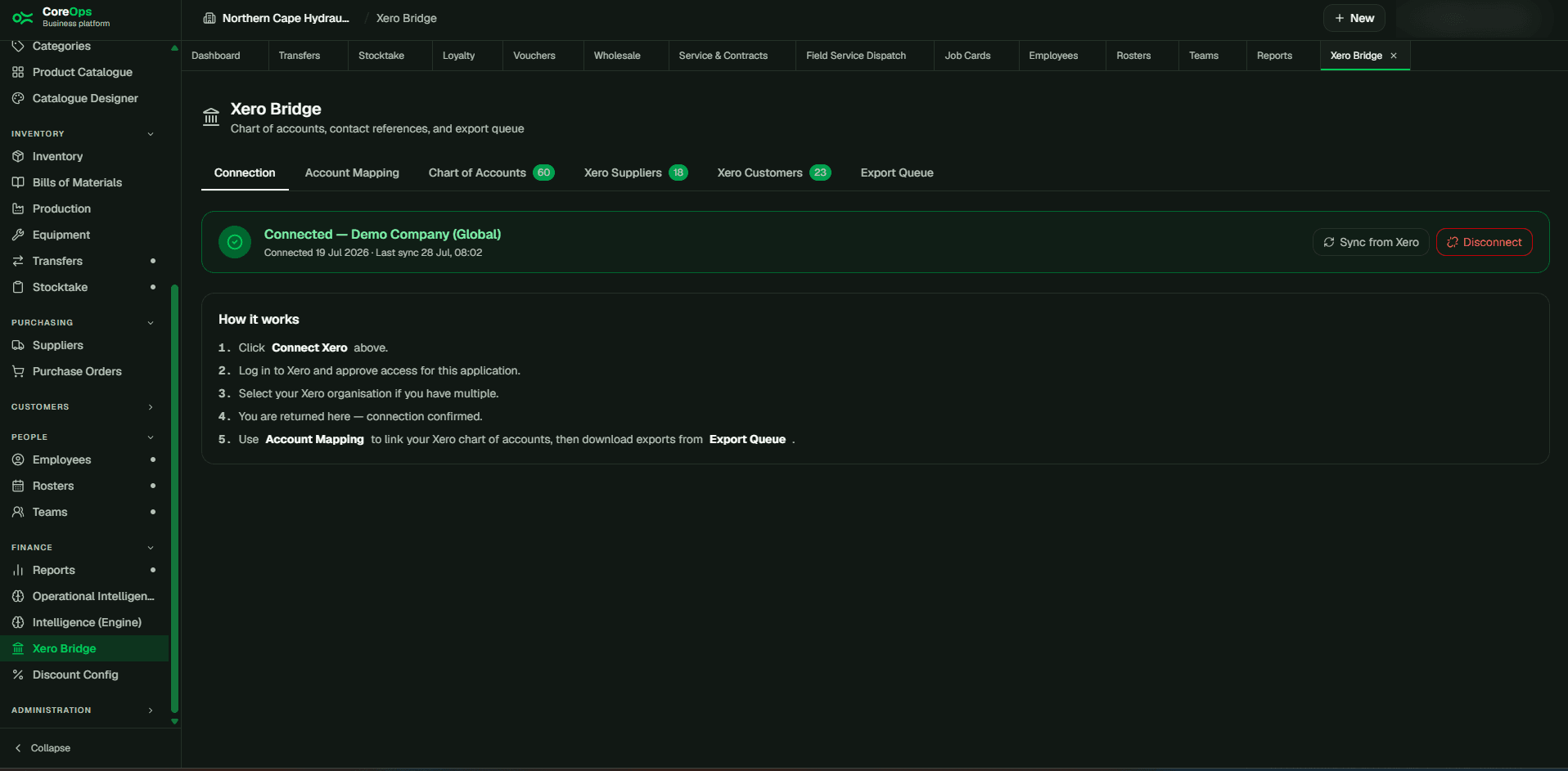 Xero Bridge screen in CoreOps