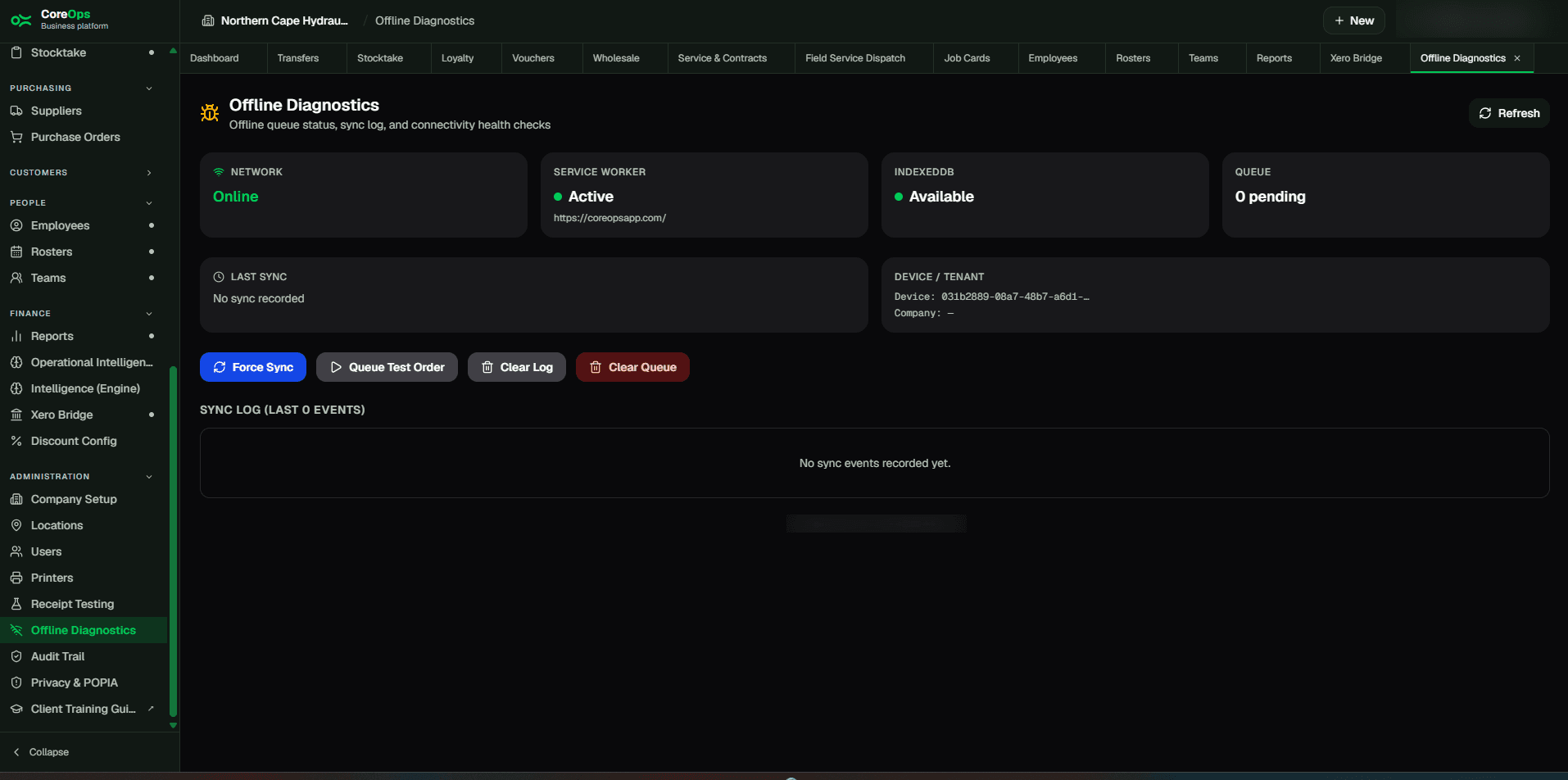 Offline Diagnostics screen in CoreOps