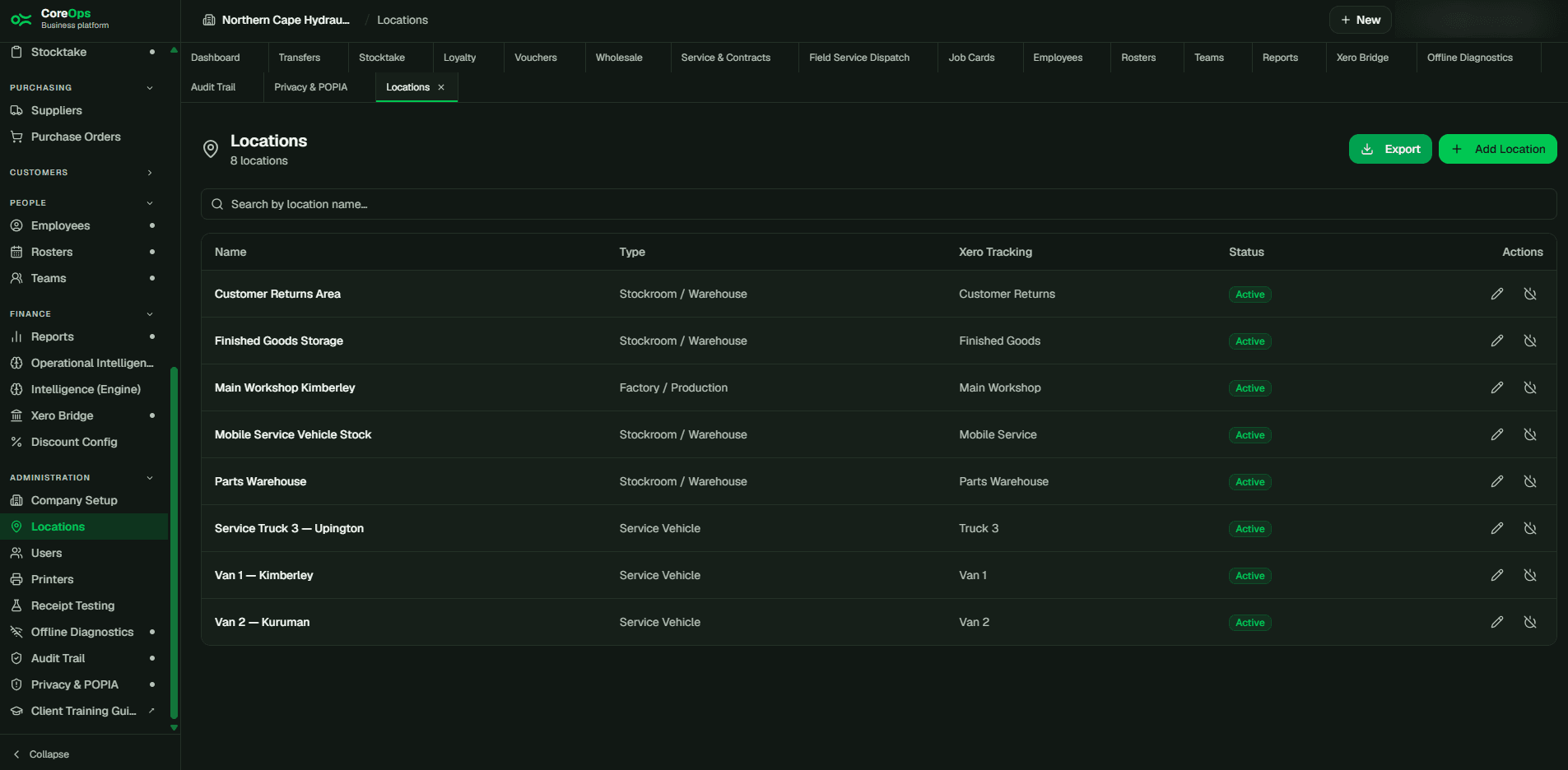 Locations screen in CoreOps