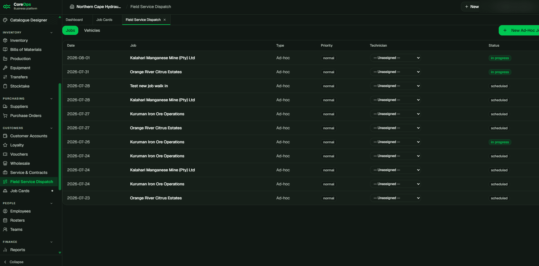 Field Service Dispatch screen in CoreOps