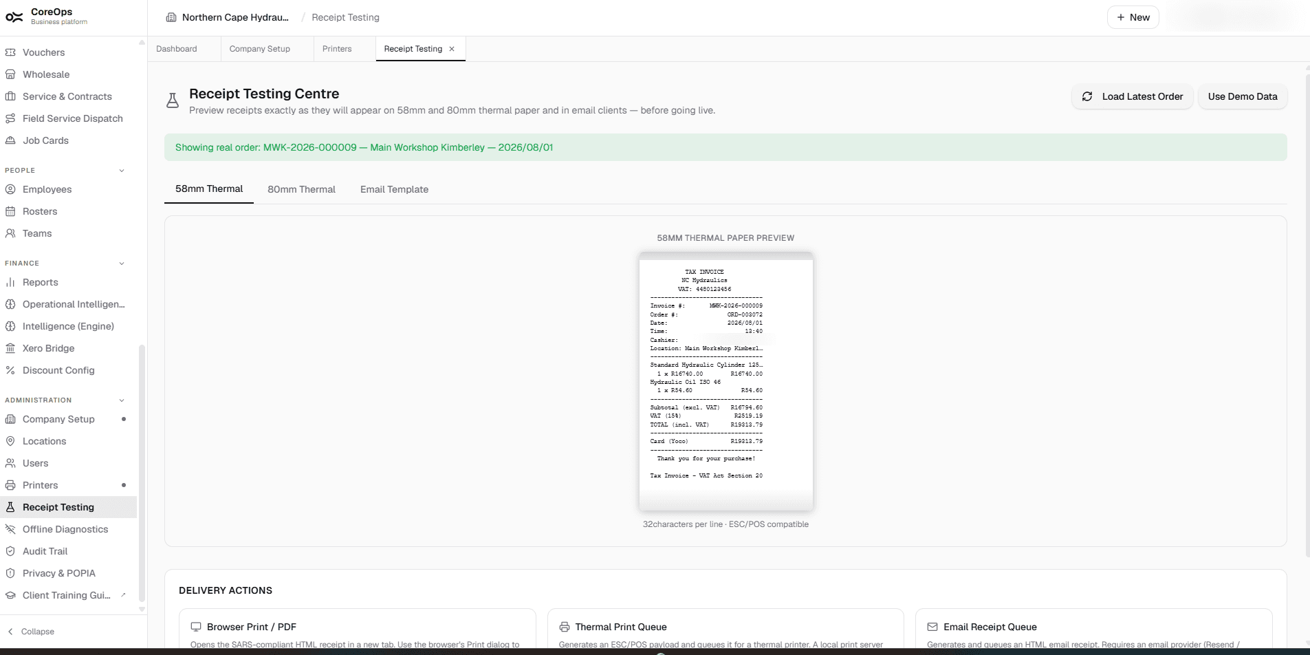 Receipt Testing screen in CoreOps