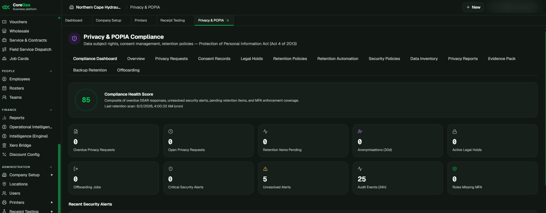 Privacy & POPIA screen in CoreOps