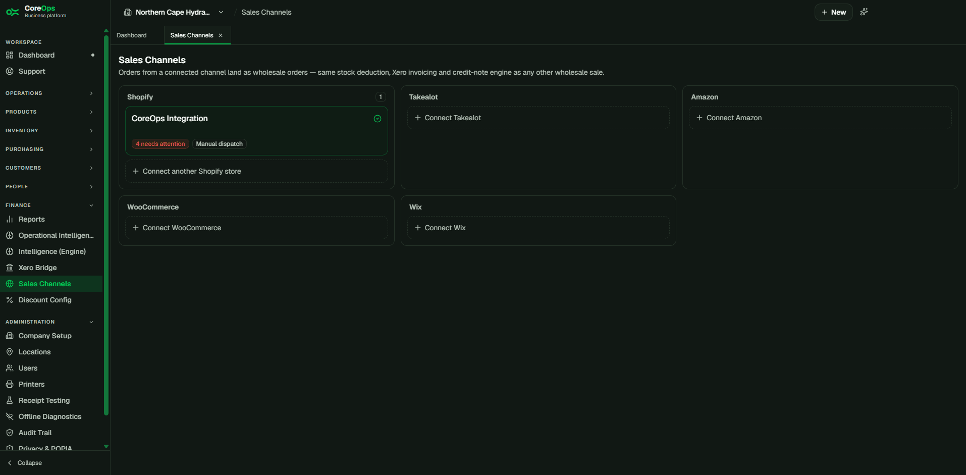 Sales Channels screen in CoreOps